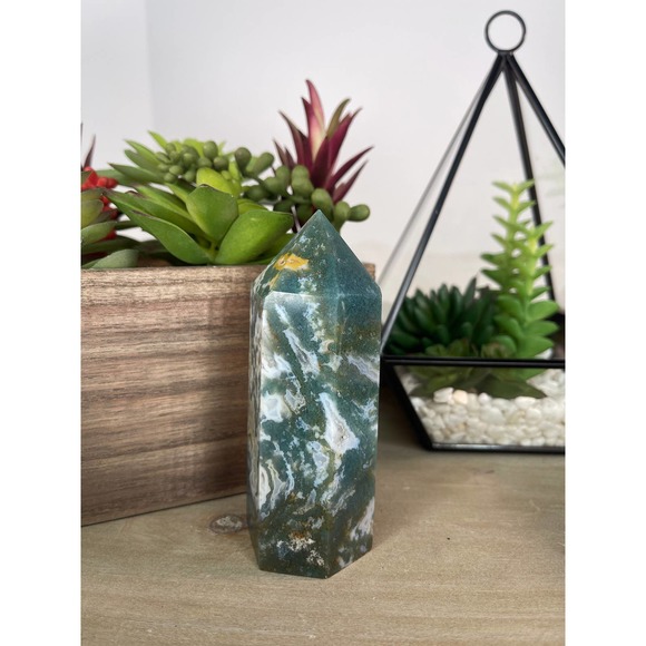 Moss Agate Druzy Tower Polished Stone Crystal - Picture 4 of 10